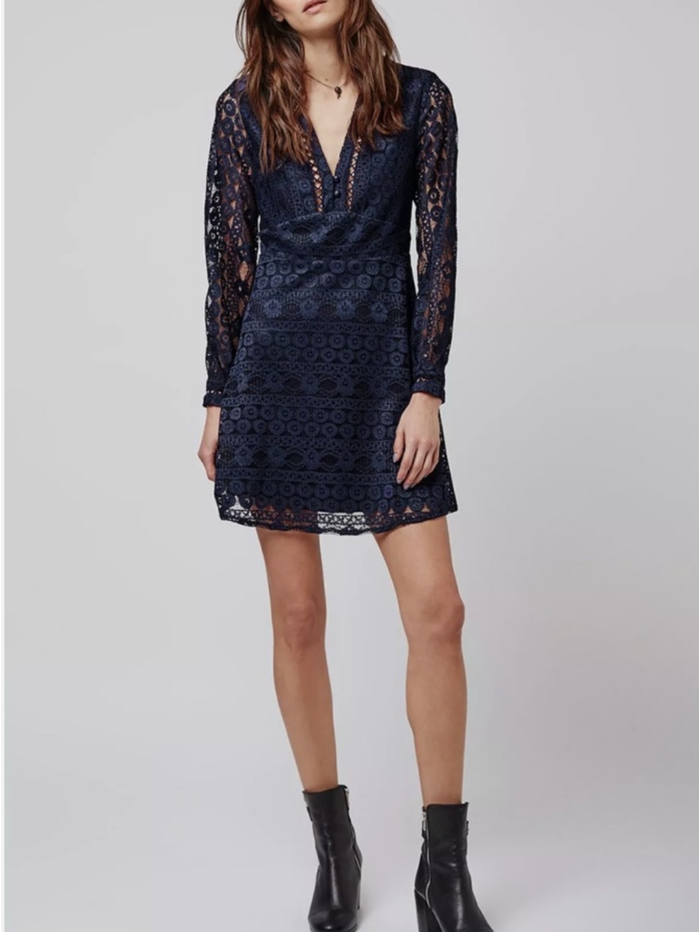 Topshop Navy Lace Long-Sleeve Mini Dress